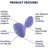 Image of the Satisfyer Sweet Seal - Lilac by Satisfyer with labeled features: flexible silicone, vibration control, Satisfyer Connect enabled, broad base for optimal anal stimulation or prostate massages, oval shape, and magnetic charging connection.